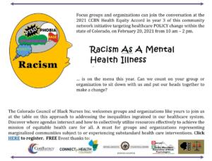 <p style="font-size: 15px">Social Action: 3rd annual CCBN Health Equity Accord takes a different angle on racism thanks to all involved and especially our sponsors Connect for Health Colorado, Tana Padilla, Rocky Mountain Association of Black Psychologists, National Association of Black Social Workers, and Confluency Consultants & Associates. 2021